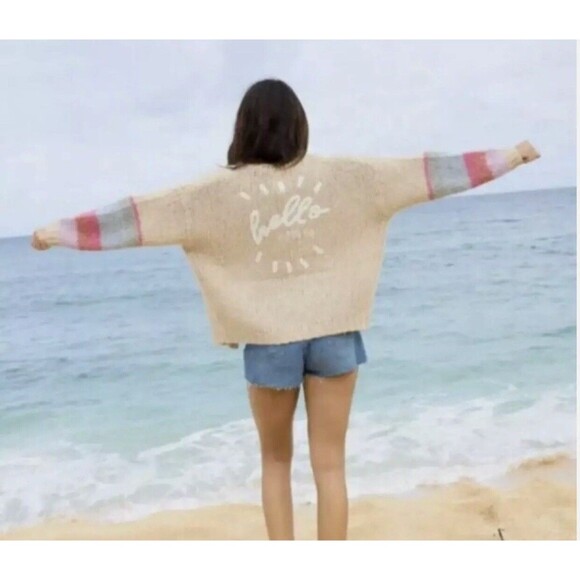 Saltwater LUXE Hello SUNSHINE Cardigan WomenS XL Beige Oversize Striped Cuffs - Picture 1 of 12